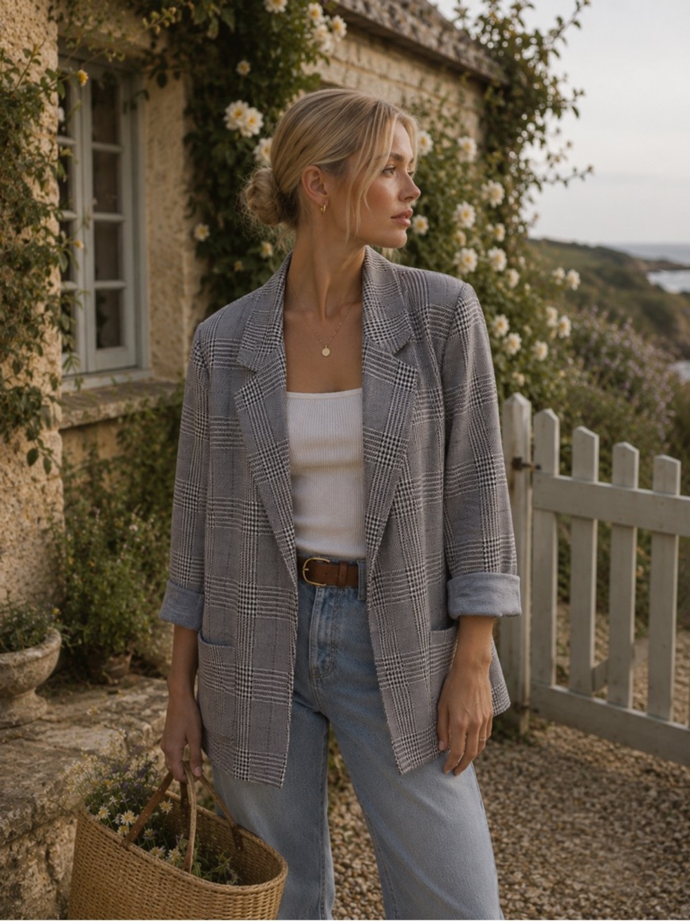 Women's Gray Plaid Open Blazer Jacket
